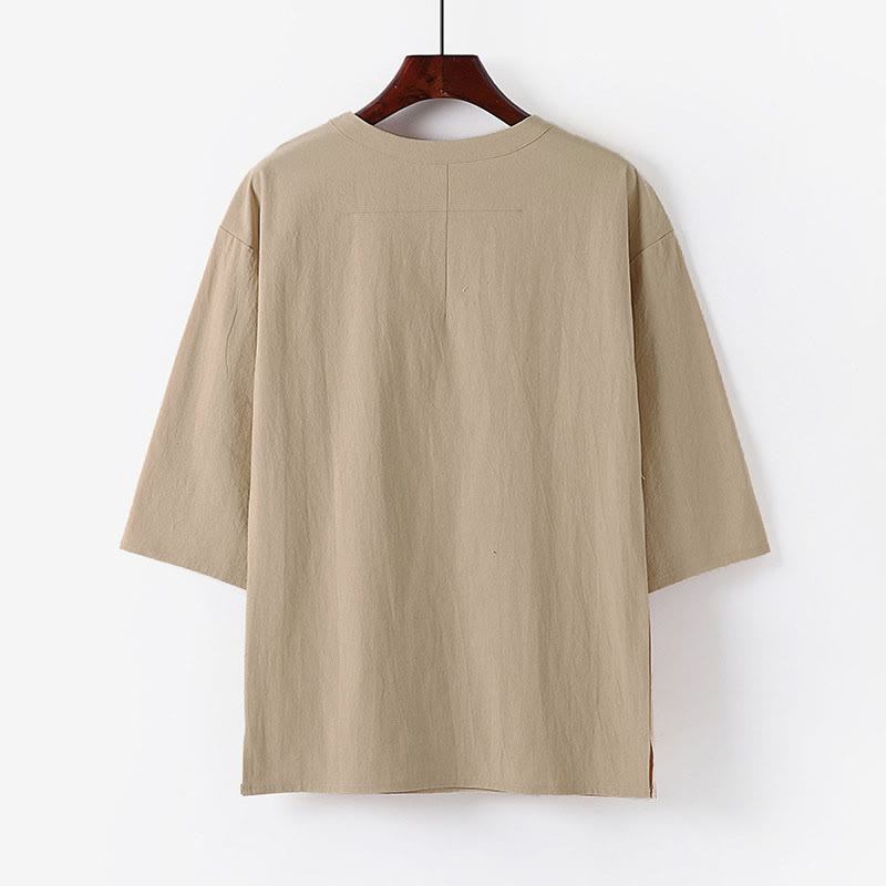 Camiseta de manga tres cuartos de algodón y lino para hombre, estilo casual de verano, con cuello redondo y estampado de Buddha Stones. - image 1