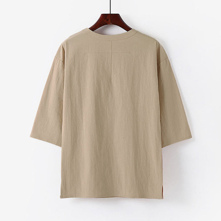 Camiseta de manga tres cuartos de algodón y lino para hombre, estilo casual de verano, con cuello redondo y estampado de Buddha Stones. - image 1