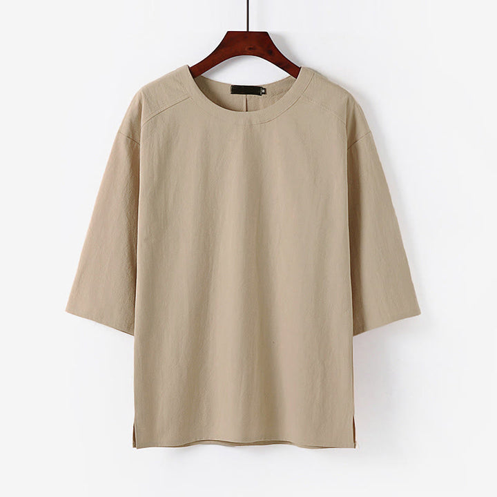 Camiseta de manga tres cuartos de algodón y lino para hombre, estilo casual de verano, con cuello redondo y estampado de Buddha Stones. - Sopa de mariscos - US/UK/AU54, EU64 (9XL) - image 0