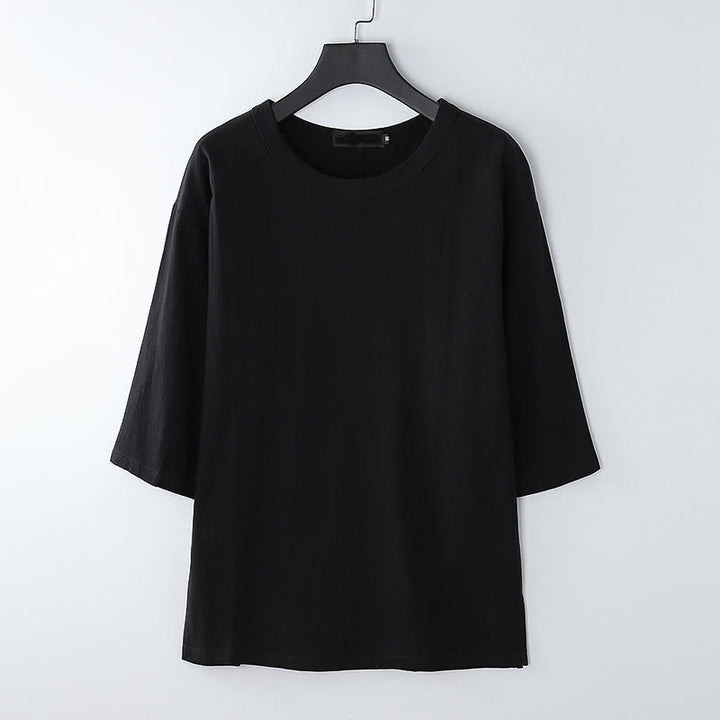 Camiseta de manga tres cuartos de algodón y lino para hombre, estilo casual de verano, con cuello redondo y estampado de Buddha Stones. - Negro - US/UK/AU54, EU64 (9XL) - image 7
