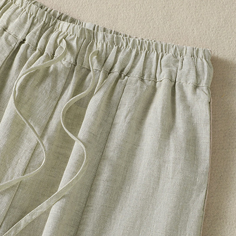 Buddha Stones Pantalones tobilleros de lino liso con cordón ajustable, estilo casual de verano para mujer, de pierna ancha y con bolsillo. - image 11