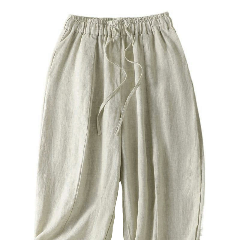 Buddha Stones Pantalones tobilleros de lino liso con cordón ajustable, estilo casual de verano para mujer, de pierna ancha y con bolsillo. - image 8