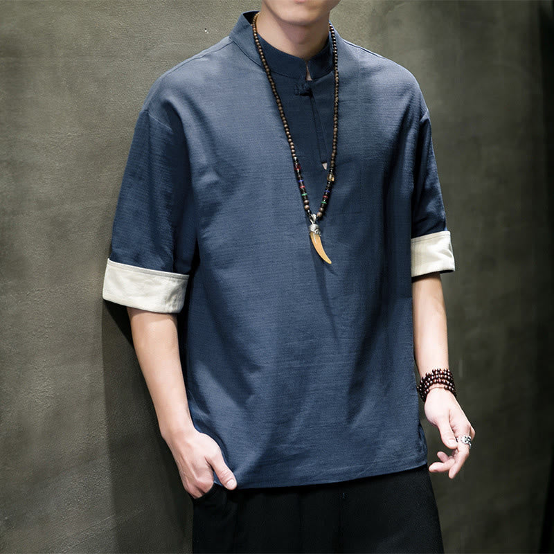 Buddha Stones Camisas de manga corta para hombre, estilo Tang de verano, con cuello mandarín y color liso. - image 1