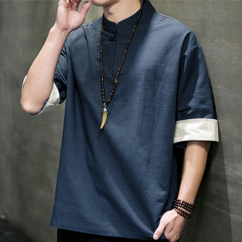 Buddha Stones Camisas de manga corta para hombre, estilo Tang de verano, con cuello mandarín y color liso. - image 3