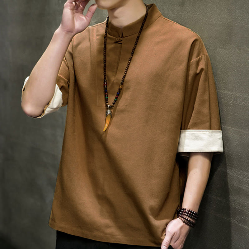Buddha Stones Camisas de manga corta para hombre, estilo Tang de verano, con cuello mandarín y color liso. - image 13