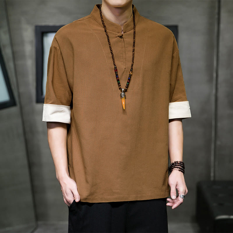 Buddha Stones Camisas de manga corta para hombre, estilo Tang de verano, con cuello mandarín y color liso. - image 11