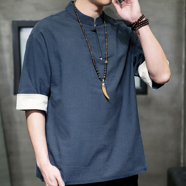 Buddha Stones Camisas de manga corta para hombre, estilo Tang de verano, con cuello mandarín y color liso. - image 2