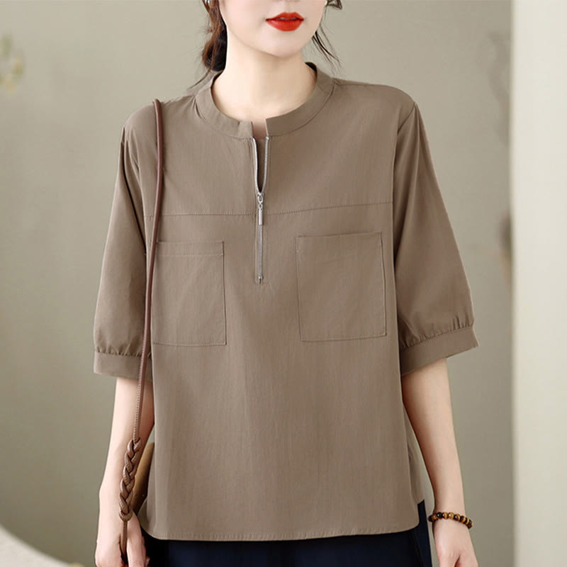 Buddha Stones Camisa de manga corta para mujer, de estilo casual minimalista de verano, con cremallera de un cuarto y bolsillo de parche. - Broncearse - US12, UK/AU16, EU44 (2XL) - image 0