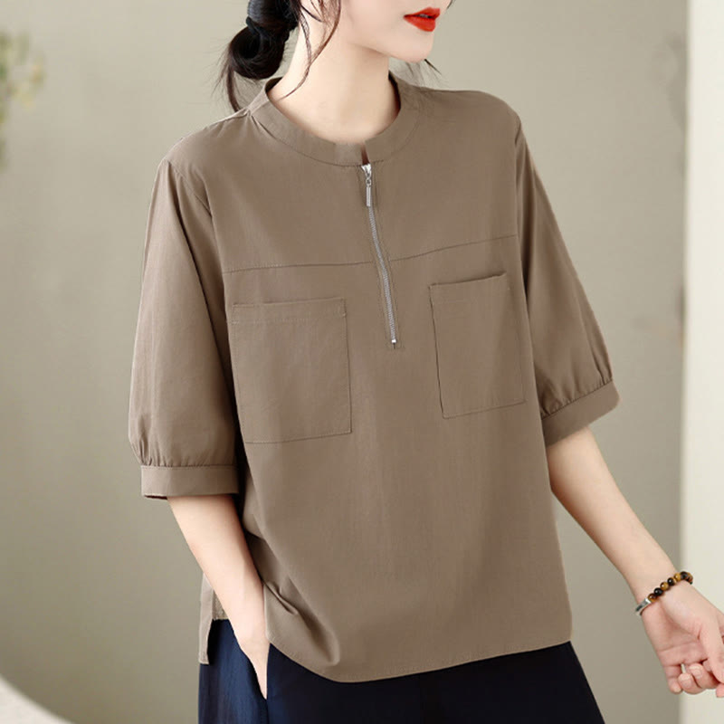 Buddha Stones Camisa de manga corta para mujer, de estilo casual minimalista de verano, con cremallera de un cuarto y bolsillo de parche. - image 1