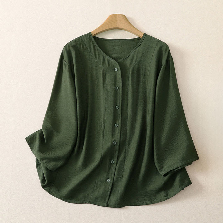 Buddha Stones Camisas de manga larga lisas con botones, estilo casual de verano para mujer. - Verde oliva oscuro - US12, UK/AU16, EU44 (3XL) - image 13