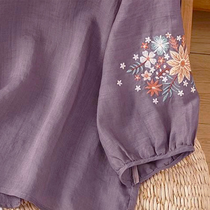 Camiseta de manga tres cuartos con cuello redondo y bordado de flores y Buddha Stones para mujer. - image 4