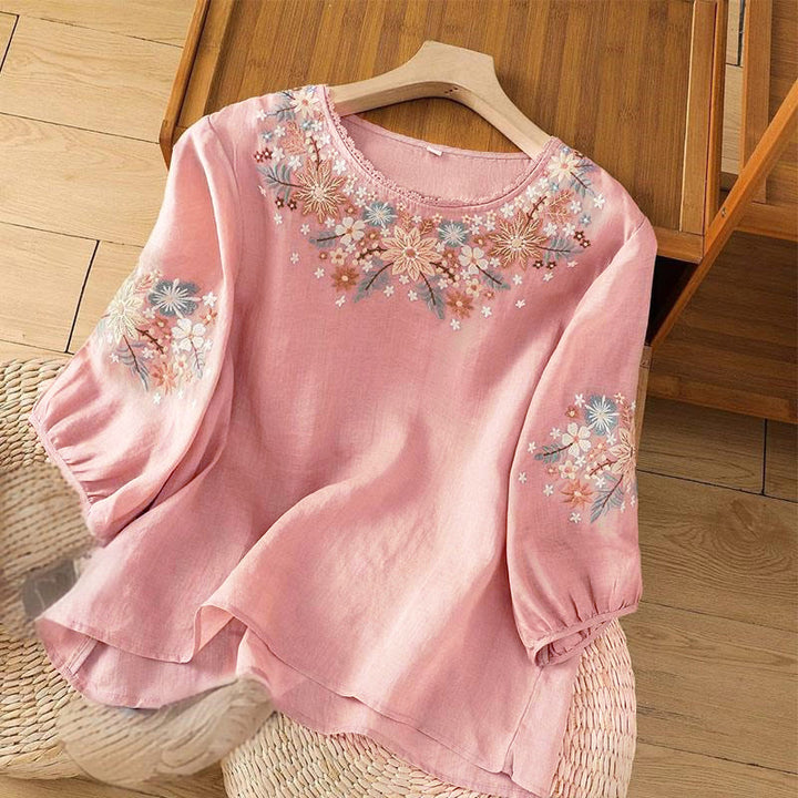 Camiseta de manga tres cuartos con cuello redondo y bordado de flores y Buddha Stones para mujer. - rosa claro - US12, UK/AU16, EU44 (3XL) - image 11