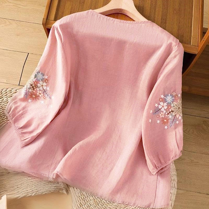 Camiseta de manga tres cuartos con cuello redondo y bordado de flores y Buddha Stones para mujer. - image 12