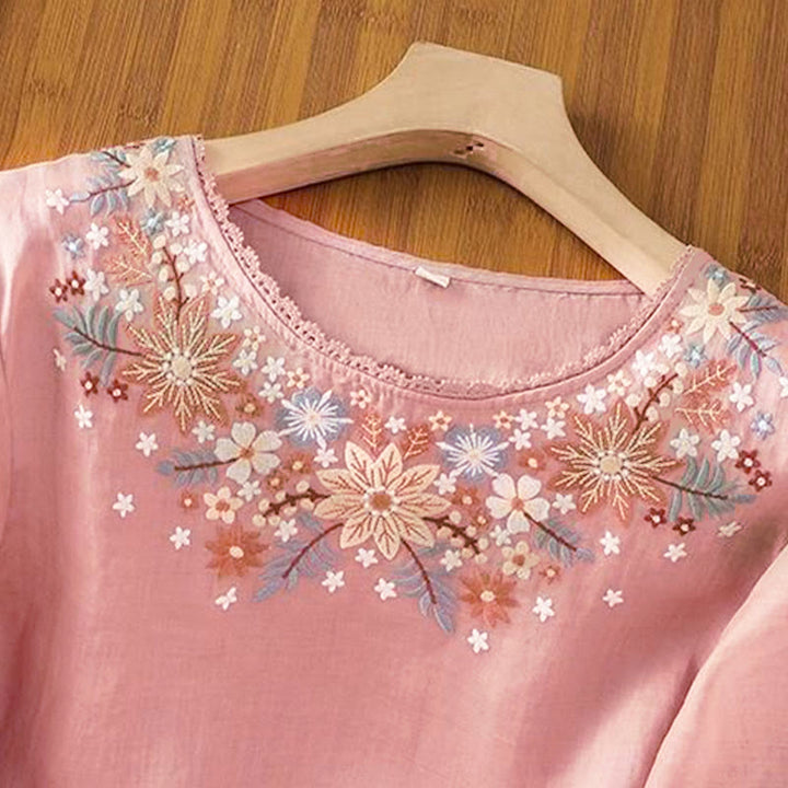 Camiseta de manga tres cuartos con cuello redondo y bordado de flores y Buddha Stones para mujer. - image 13
