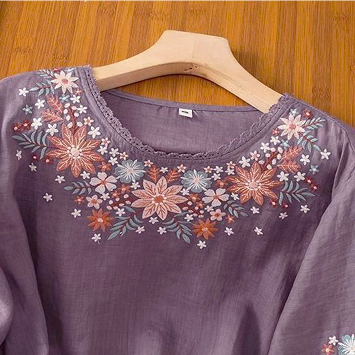 Camiseta de manga tres cuartos con cuello redondo y bordado de flores y Buddha Stones para mujer. - image 2