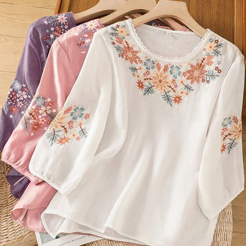 Camiseta de manga tres cuartos con cuello redondo y bordado de flores y Buddha Stones para mujer. - image 18