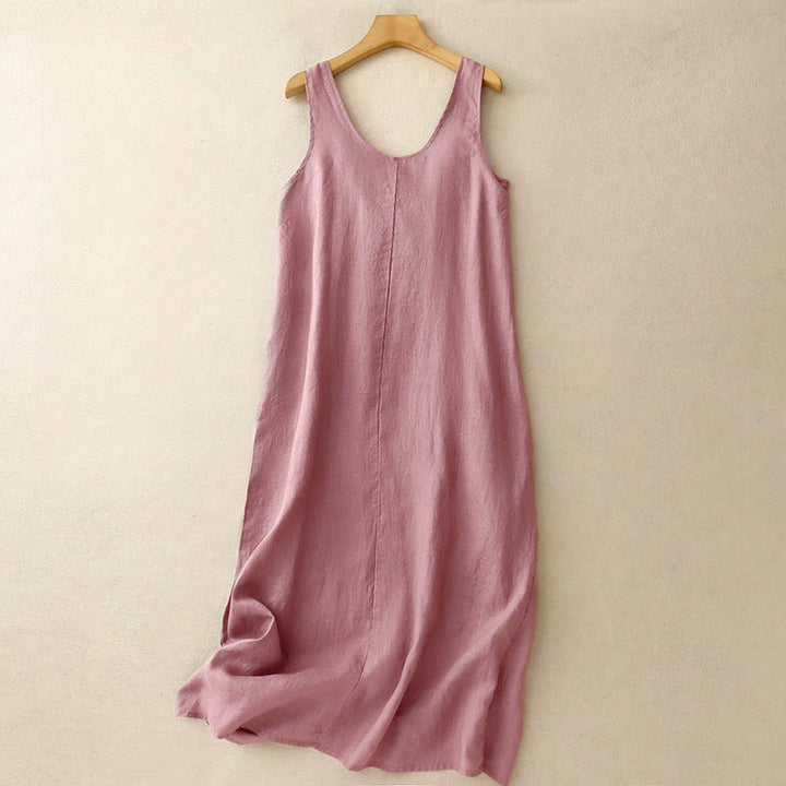 Vestido midi sin mangas de diseño sencillo, color liso, cuello redondo y bolsillos, con estampado Buddha Stones, ideal para uso diario en verano. - Rojo violeta pálido - US12, UK/AU16, EU44 (2XL) - image 0
