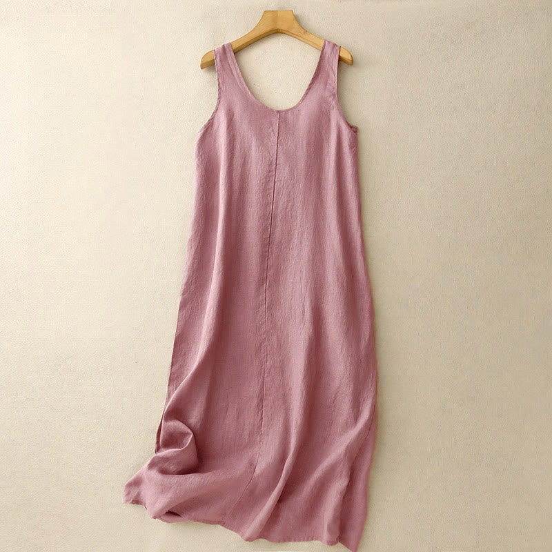 Vestido midi sin mangas de diseño sencillo, color liso, cuello redondo y bolsillos, con estampado Buddha Stones, ideal para uso diario en verano. - Rojo violeta pálido - US12, UK/AU16, EU44 (2XL) - image 0