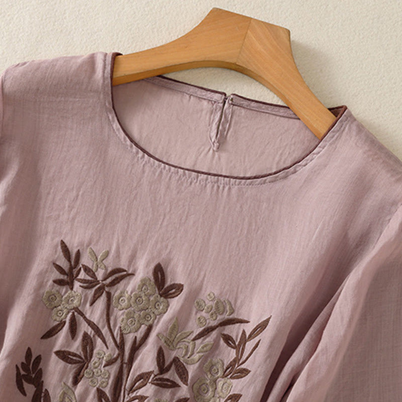 Camiseta de algodón de manga tres cuartos para mujer con bordado floral retro de Buddha Stones - image 25