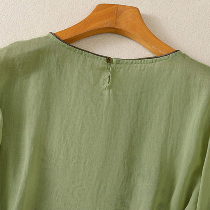 Camiseta de algodón de manga tres cuartos para mujer con bordado floral retro de Buddha Stones - image 19