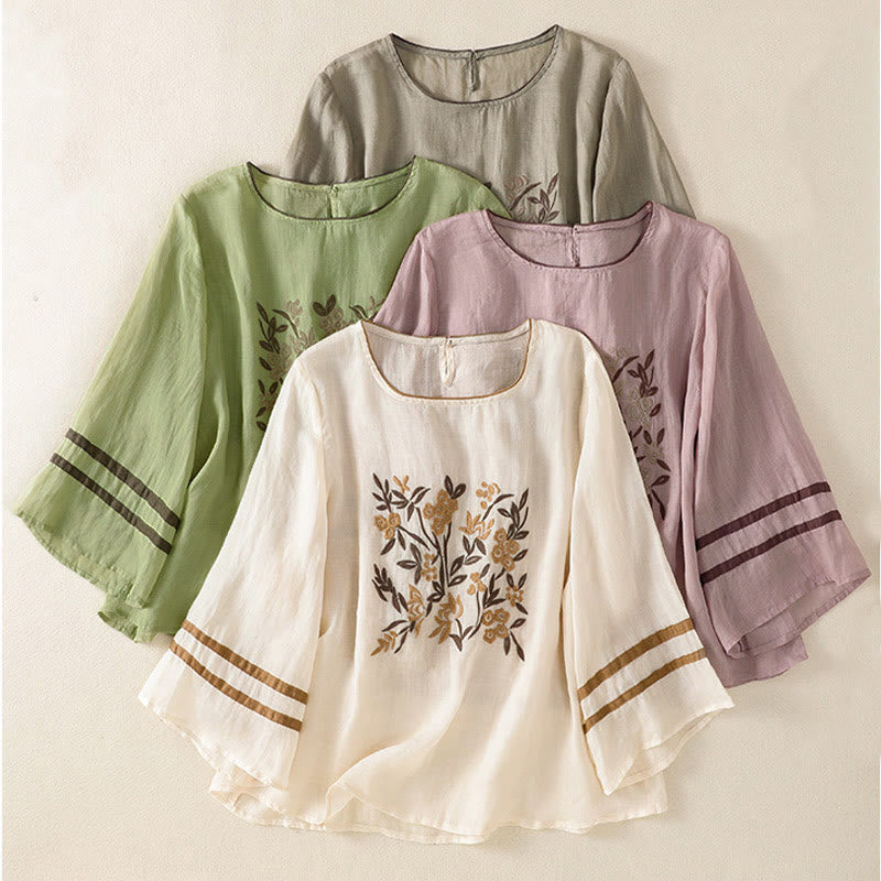 Camiseta de algodón de manga tres cuartos para mujer con bordado floral retro de Buddha Stones - image 31