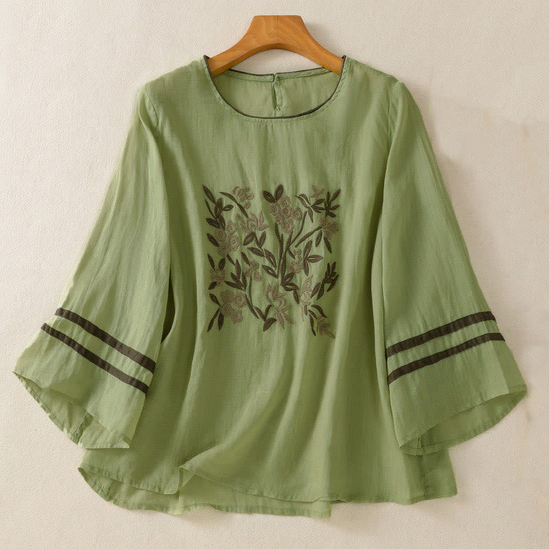 Camiseta de mujer de manga tres cuartos con bordado floral retro de Buddha Stones - Verde claro - US14，UK/AU18，EU46 (2XL) - image 16