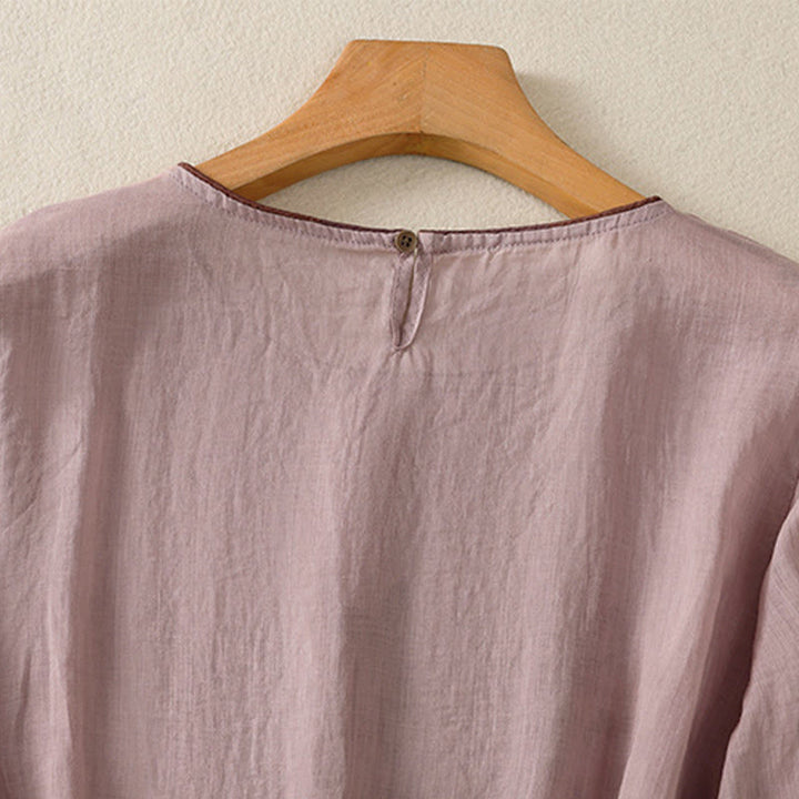 Camiseta de algodón de manga tres cuartos para mujer con bordado floral retro de Buddha Stones - image 26