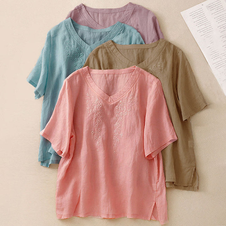 Camisa informal de manga corta con cuello en V y diseño floral bordado con Buddha Stones para mujer. - image 27