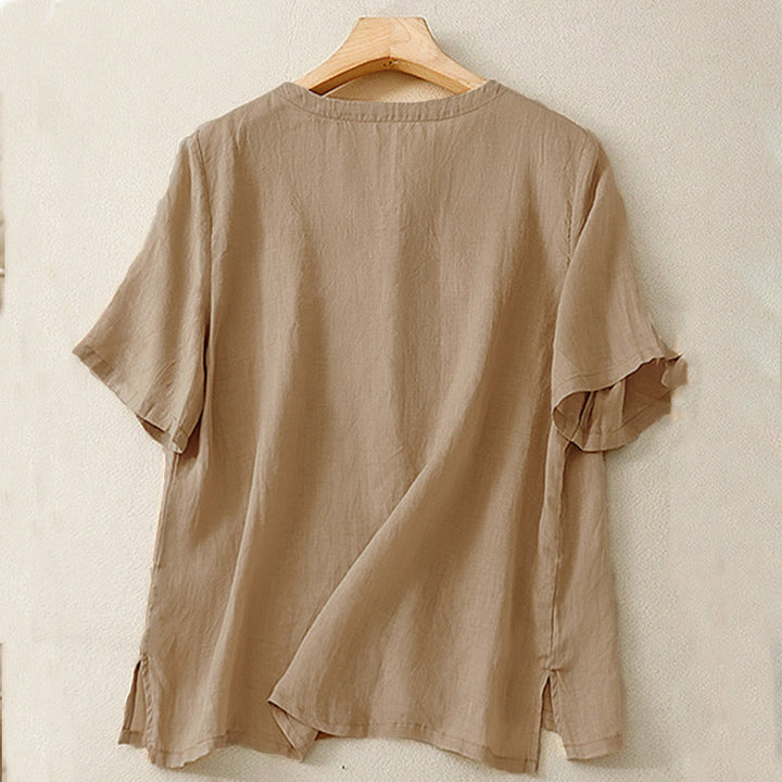 Camisa informal de manga corta con cuello en V y diseño floral bordado con Buddha Stones para mujer. - image 13