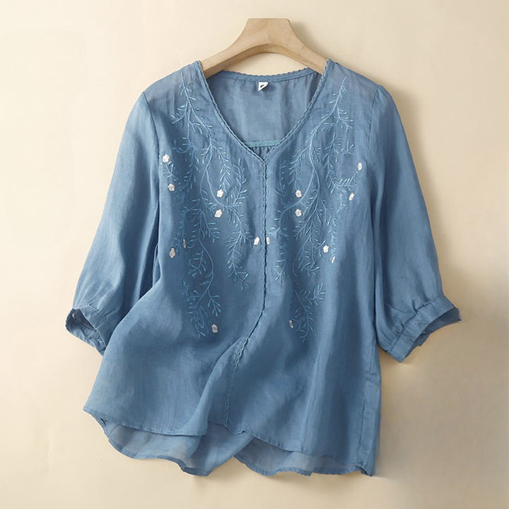 Camiseta de mujer de manga corta con cuello en V y estampado de ramas florales bordadas, estilo casual veraniego con Buddha Stones. - Azul acero - US8-10，UK/AU12-14，EU40-42 (2XL) - image 3