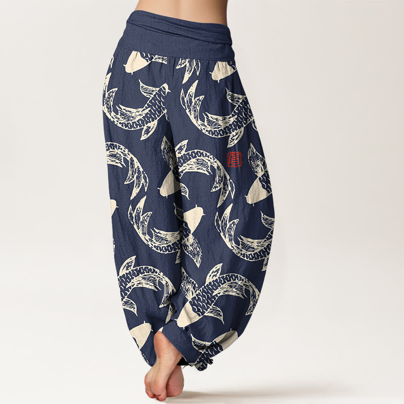 Pantalón tipo harem de cintura elástica para mujer con estampado de peces koi y Buddha Stones, de algodón puro. - image 1