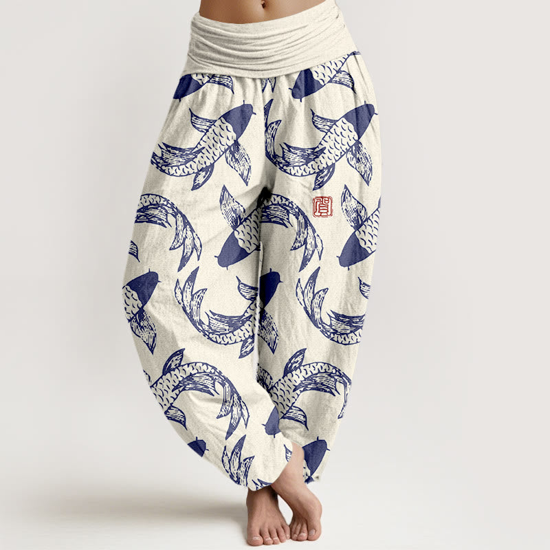 Pantalón tipo harem de cintura elástica para mujer con estampado de peces koi y Buddha Stones, de algodón puro. - Lino - US16，UK/AU20，EU48 (3XL) - image 5