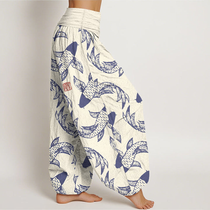 Pantalón tipo harem de cintura elástica para mujer con estampado de peces koi y Buddha Stones, de algodón puro. - image 7