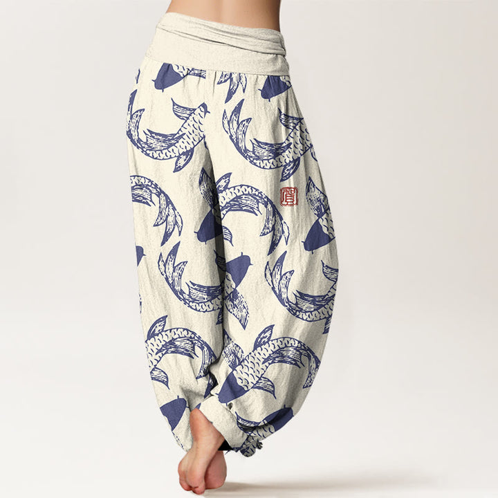 Pantalón tipo harem de cintura elástica para mujer con estampado de peces koi y Buddha Stones, de algodón puro. - image 6