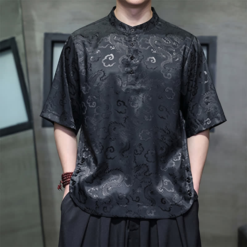 Buddha Stones Camisas de manga corta para hombre estilo Tang vintage de verano con cuello mandarín y estampado de nubes de dragón. - Negro - US/UK/AU46, EU56 (5XL) - image 0