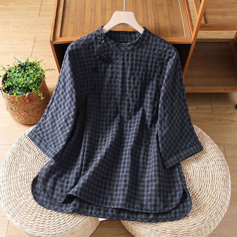 Buddha Stones de manga tres cuartos para mujer, estilo casual Tang, con cuello mandarín y estampado a cuadros negros, ideales para primavera y verano. - Gris pizarra oscuro - US8-10, UK/AU12-14, EU40-42 (2XL) - image 0