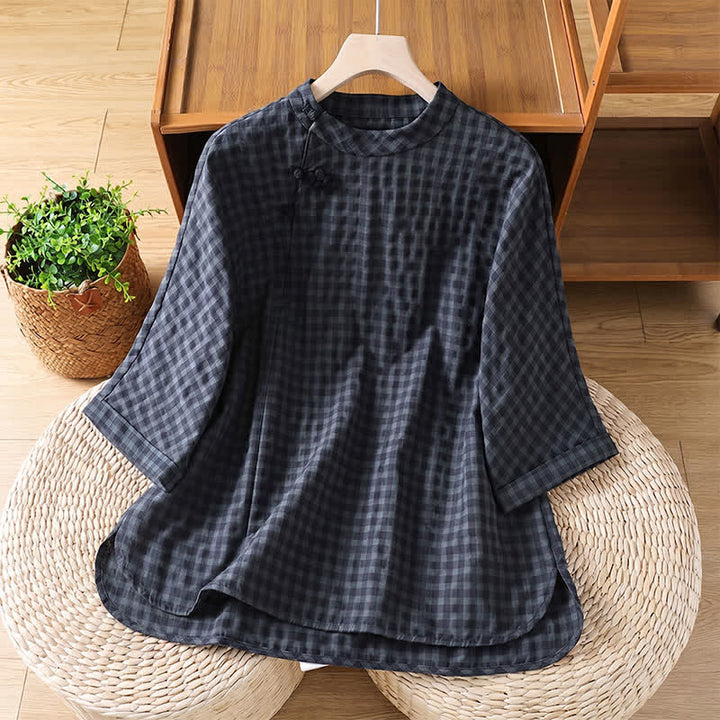 Buddha Stones de manga tres cuartos para mujer, estilo casual Tang, con cuello mandarín y estampado a cuadros negros, ideales para primavera y verano. - Gris pizarra oscuro - US8-10, UK/AU12-14, EU40-42 (2XL) - image 0