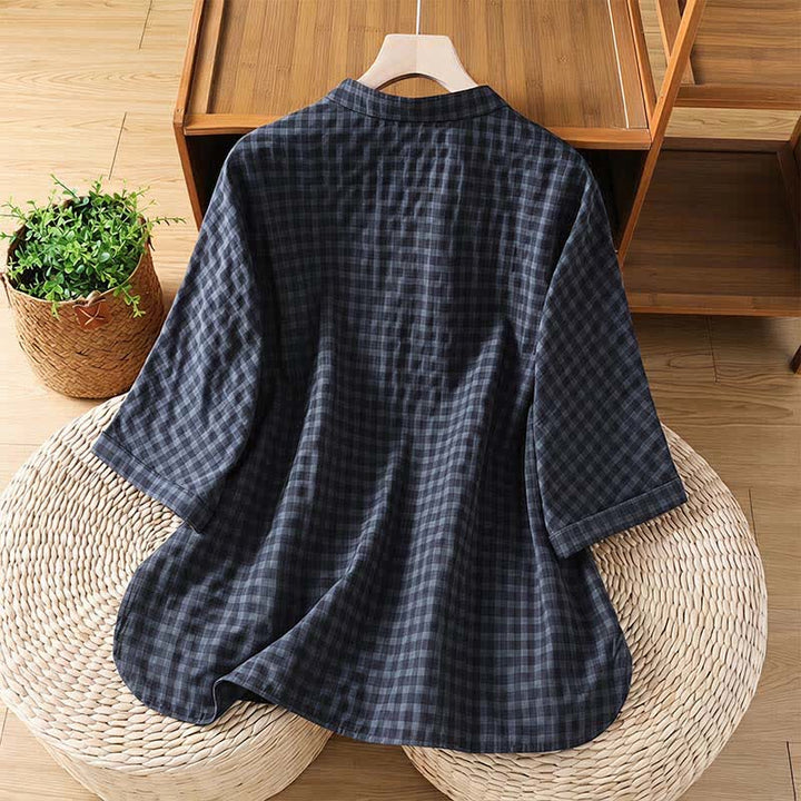 Buddha Stones Camisas de manga tres cuartos para mujer, estilo casual Tang, con cuello mandarín y estampado a cuadros negros, ideales para primavera y verano. - image 1