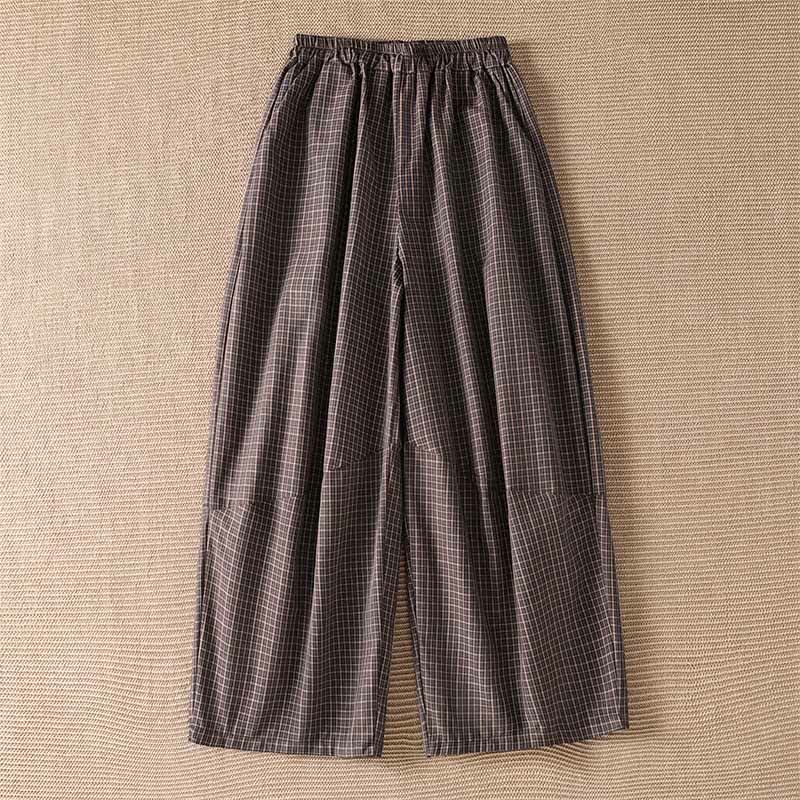 Buddha Stones Pantalones cortos casuales de cuadros marrones para mujer, estilo primavera-verano, de pierna ancha y con bolsillos. - Tierra de siena - US8-10, UK/AU12-14, EU40-42 (2XL) - image 0