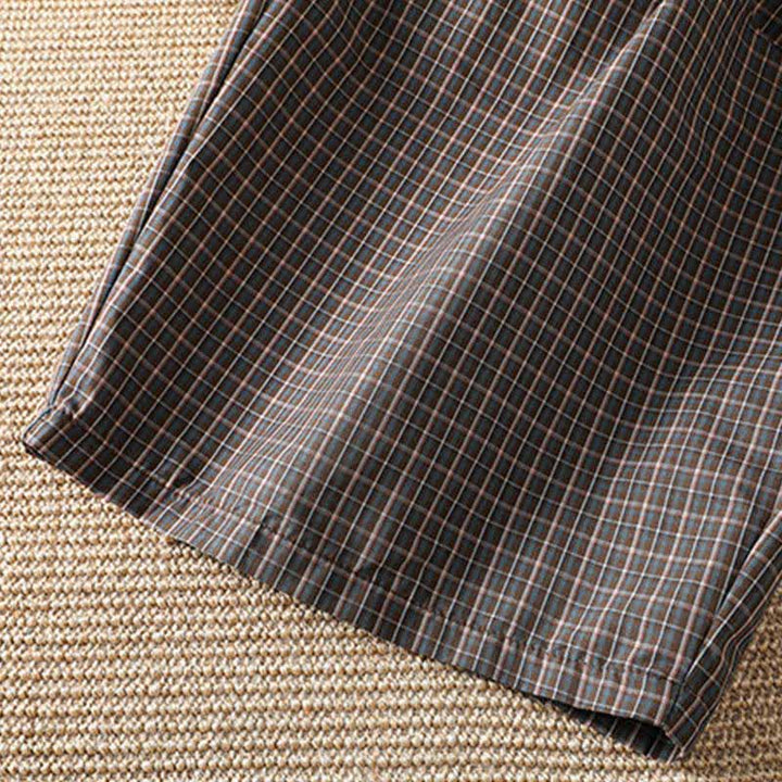Buddha Stones Pantalones cortos casuales de cuadros marrones para mujer, estilo primavera-verano, de pierna ancha y con bolsillos. - image 9