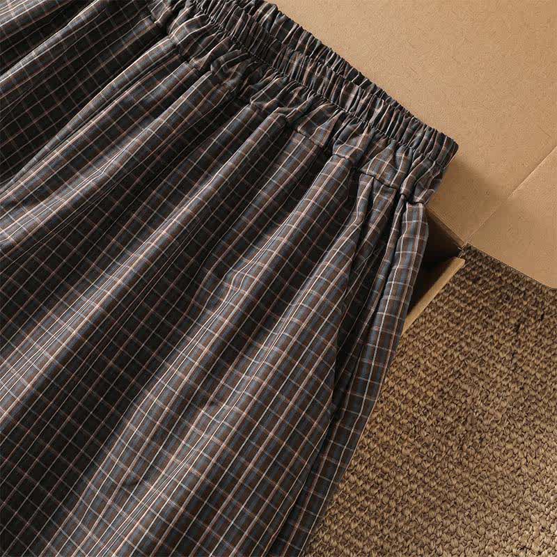 Buddha Stones Pantalones cortos casuales de cuadros marrones para mujer, estilo primavera-verano, de pierna ancha y con bolsillos. - image 6