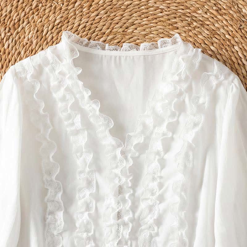 Buddha Stones Camisa de manga tres cuartos para mujer, estilo casual de verano, elegante, con cuello en V, volantes y diseño de capas. - image 26