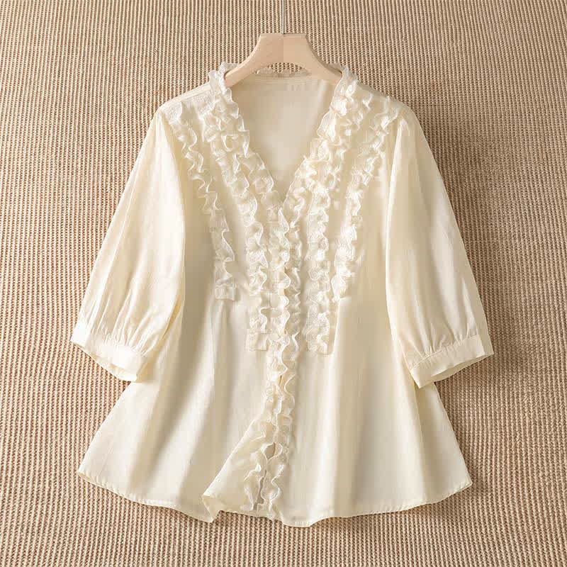 Buddha Stones Camisa de manga tres cuartos para mujer, estilo casual de verano, elegante, con cuello en V, volantes y diseño de capas. - Beige - US8-10, UK/AU12-14, EU40-42 (XL) - image 15