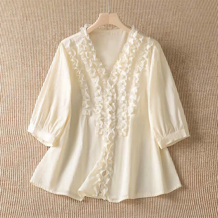 Buddha Stones Camisa de manga tres cuartos para mujer, estilo casual de verano, elegante, con cuello en V, volantes y diseño de capas. - Beige - US8-10, UK/AU12-14, EU40-42 (XL) - image 15