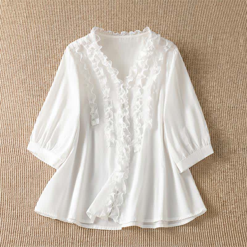 Buddha Stones Camisa de manga tres cuartos para mujer, estilo casual de verano, elegante, con cuello en V, volantes y diseño de capas. - Blanco - US8-10, UK/AU12-14, EU40-42 (XL) - image 24
