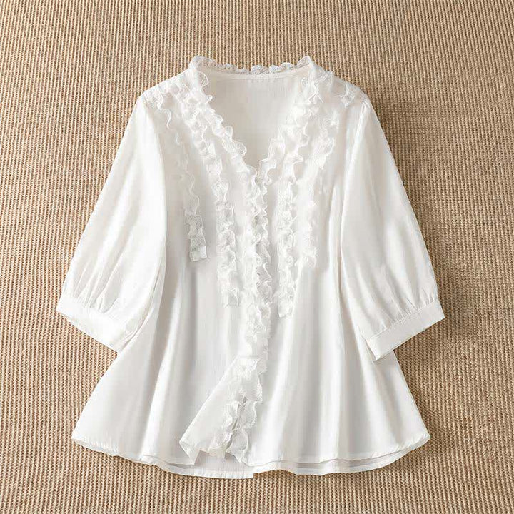 Buddha Stones Camisa de manga tres cuartos para mujer, estilo casual de verano, elegante, con cuello en V, volantes y diseño de capas. - Blanco - US8-10, UK/AU12-14, EU40-42 (XL) - image 24