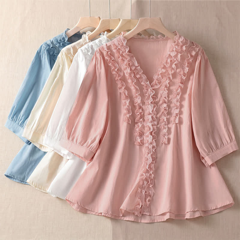 Buddha Stones Camisa de manga tres cuartos para mujer, estilo casual de verano, elegante, con cuello en V, volantes y diseño de capas. - image 31