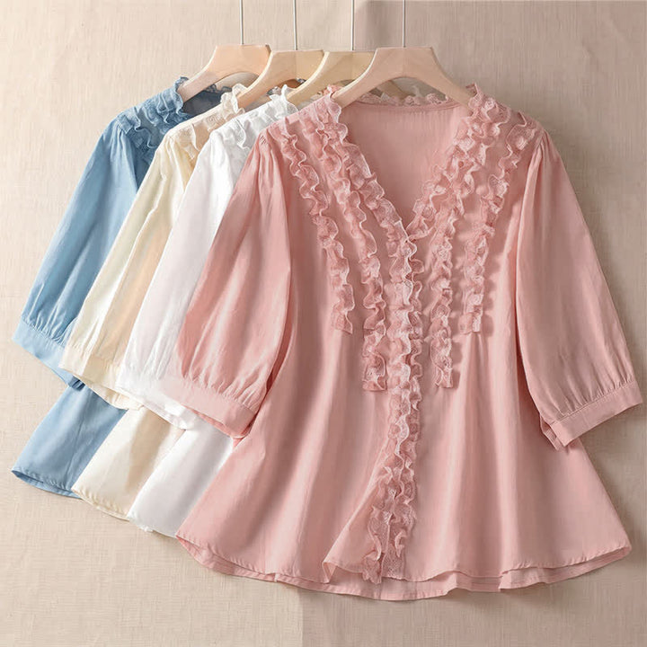 Buddha Stones Camisa de manga tres cuartos para mujer, estilo casual de verano, elegante, con cuello en V, volantes y diseño de capas. - image 31