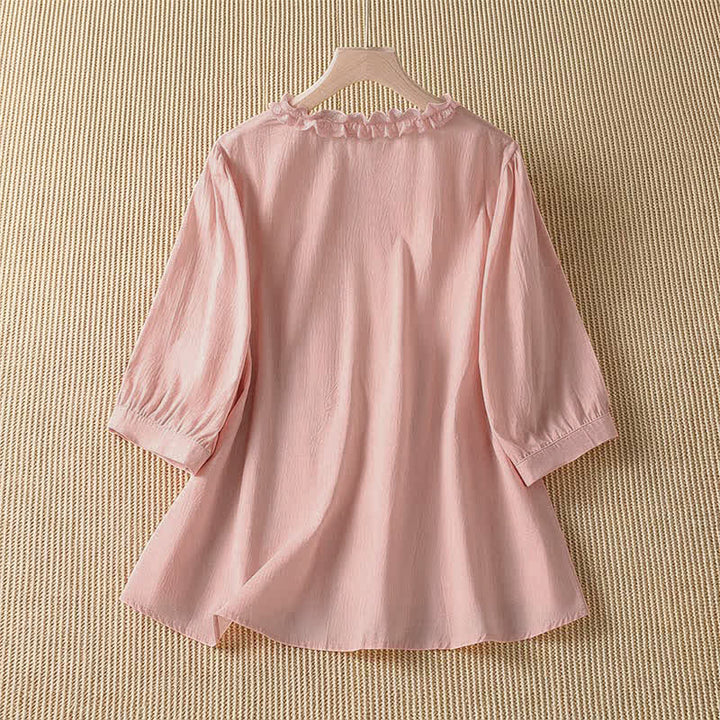 Buddha Stones Camisa de manga tres cuartos para mujer, estilo casual de verano, elegante, con cuello en V, volantes y diseño de capas. - image 1