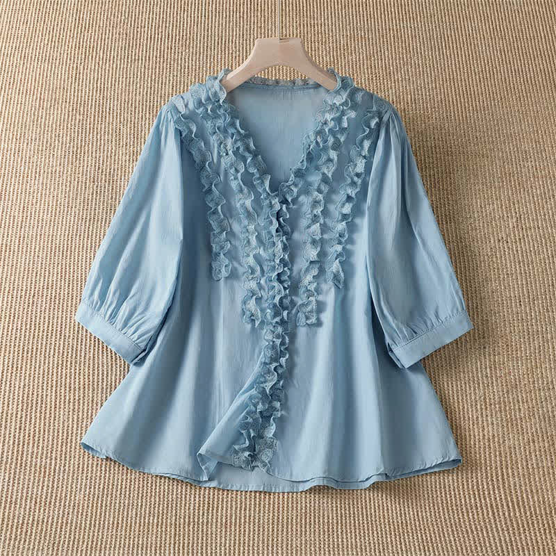 Buddha Stones Camisa de manga tres cuartos para mujer, estilo casual de verano, elegante, con cuello en V, volantes y diseño de capas. - Azul cielo claro - US8-10, UK/AU12-14, EU40-42 (XL) - image 8